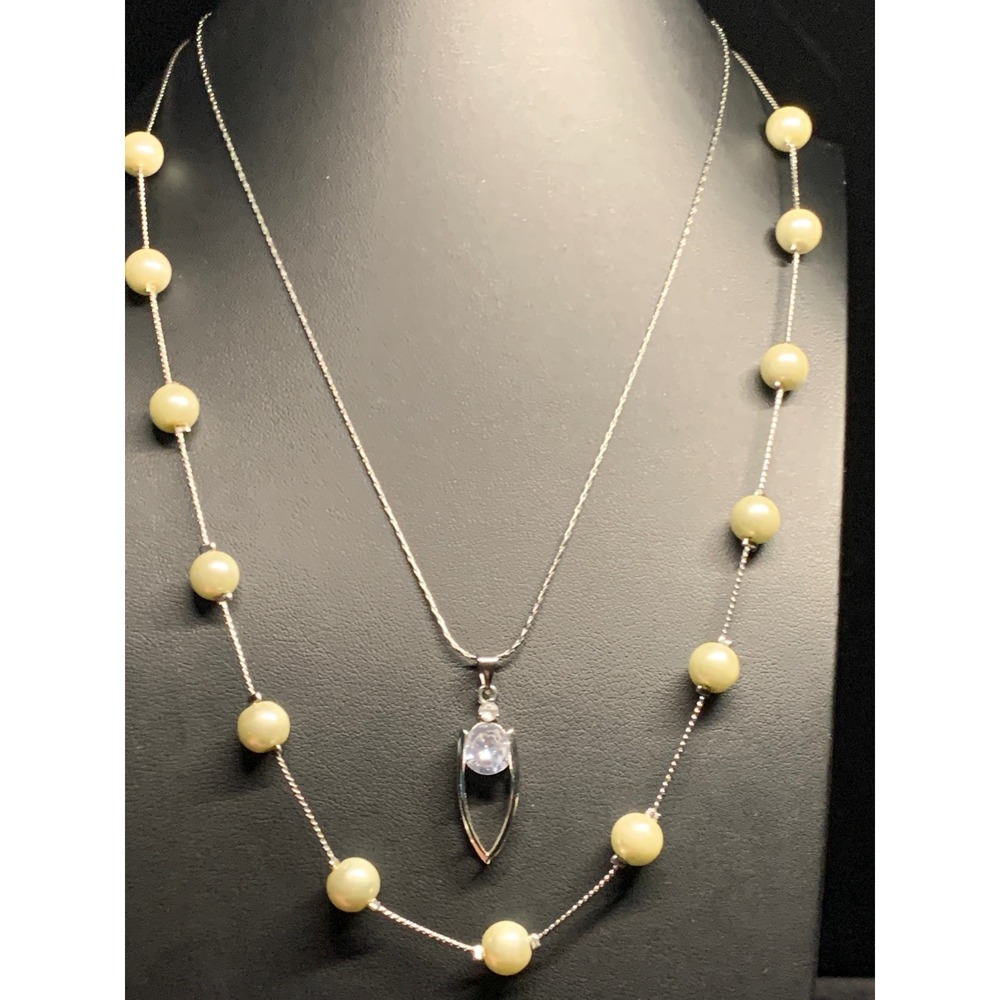 Silver Tone Layered Necklace Set Faux Pearl Station & CZ Solitaire Pendant